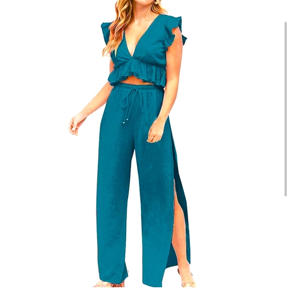 Womens 2 Pieces Outfit Deep V Neck Crop Top Side Slit Drawstring Wide Leg Pants